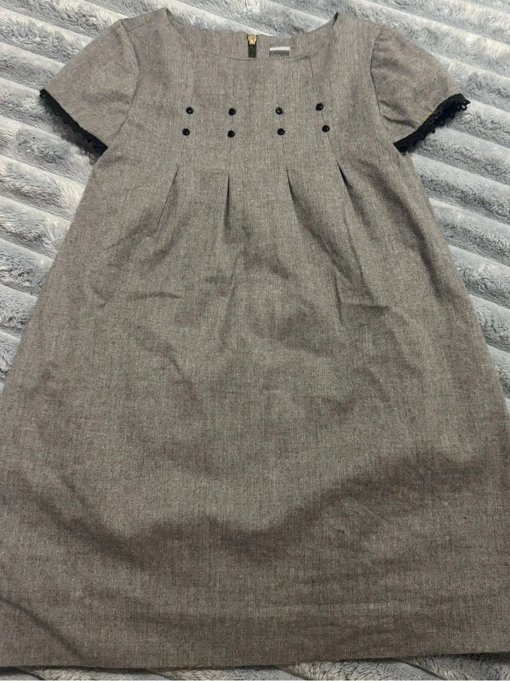 Zara Kids Girls Gray Pleated Dress Size 4-5Y 110 Black Lace Beaded Lined